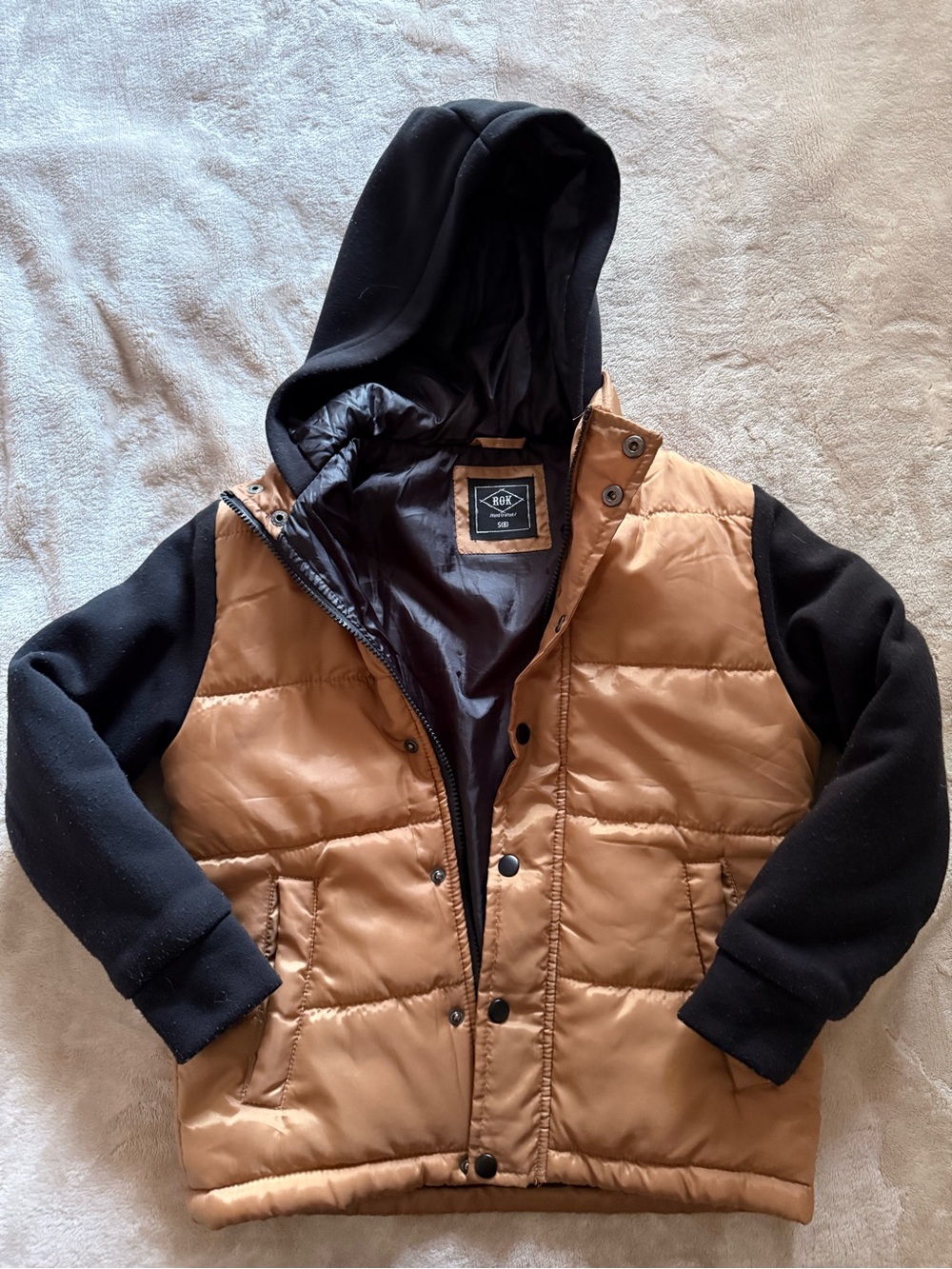 Boys Two-Tone Hooded Puffer Jacket - Tan/Black